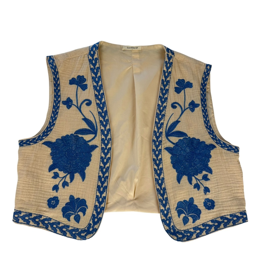 SundayUp Womens Small Cream Blue Floral Embroidered Gauze Cropped Vest Boho Open
